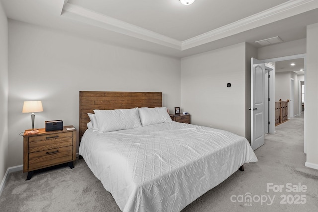 5625 Axil Ln, Charlotte, NC 28269 - bedroom with light carpet, crown molding, baseboards, and a tray ceiling