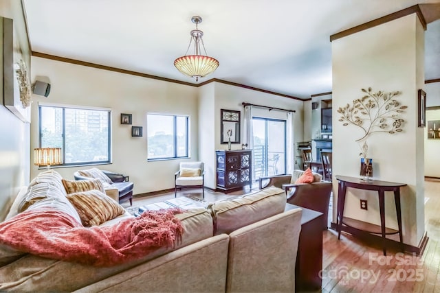 715 N Church St Unit 613, Charlotte, NC 28202 - living room featuring wood finished floors, crown molding, and baseboards