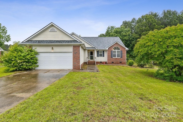 113 Stacy Ln, Raeford Township, NC 28376 - single story home featuring crawl space, an attached garage, concrete driveway, a front lawn, and brick siding