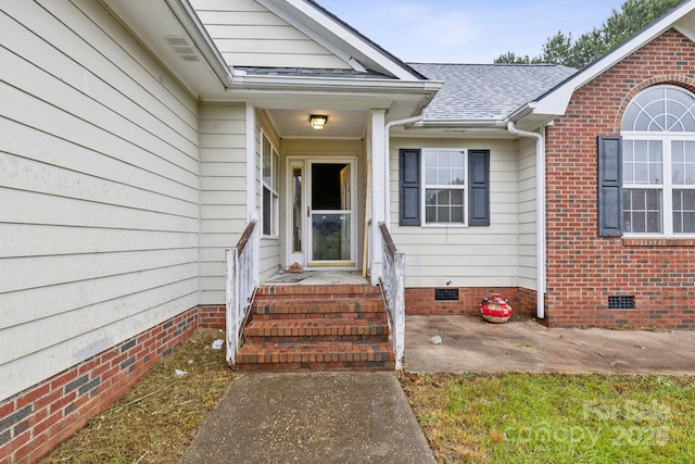 113 Stacy Ln, Raeford Township, NC 28376 - property entrance featuring crawl space and roof with shingles