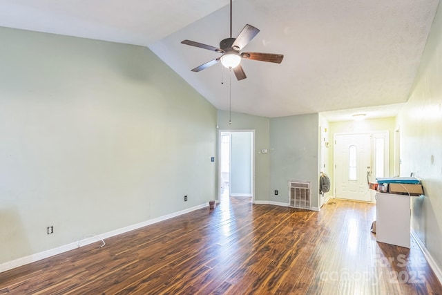 113 Stacy Ln, Raeford Township, NC 28376 - unfurnished room featuring a ceiling fan, wood finished floors, baseboards, and high vaulted ceiling