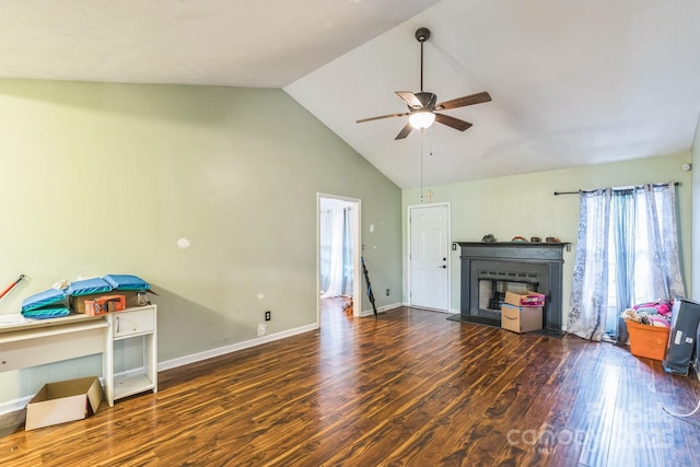 113 Stacy Ln, Raeford Township, NC 28376 - living room with a ceiling fan, wood finished floors, high vaulted ceiling, a fireplace, and baseboards