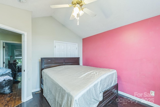 113 Stacy Ln, Raeford Township, NC 28376 - bedroom with lofted ceiling, baseboards, wood finished floors, and a ceiling fan
