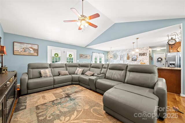 5764 Grassy Creek Rd, Denver, NC 28037 - living room with ceiling fan, lofted ceiling, and wood finished floors