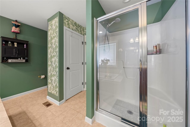 5764 Grassy Creek Rd, Denver, NC 28037 - bathroom featuring a stall shower, tile patterned floors, and baseboards