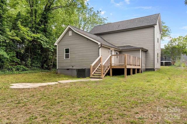 60 Valley St NW, Concord, NC 28025 - back of house with a yard, a wooden deck, central AC, crawl space, and stairs