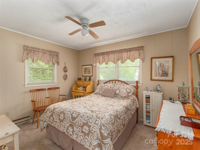 227 Soco Acres Rd, Maggie Valley, NC 28751 - bedroom with light carpet, a baseboard radiator, crown molding, a textured ceiling, and ceiling fan