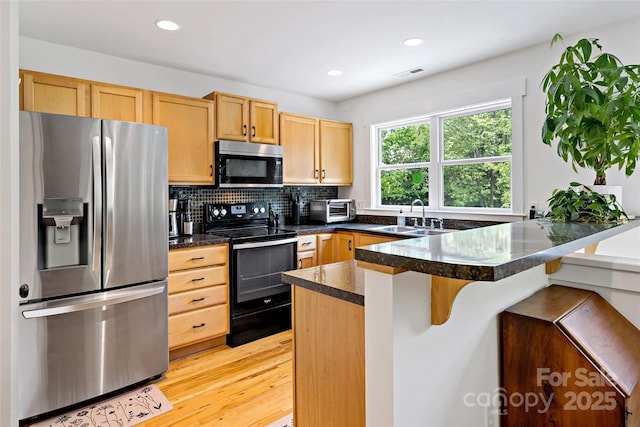 24 Browndale Rd, Asheville, NC 28805 - kitchen featuring stainless steel appliances, a sink, a peninsula, a kitchen breakfast bar, and light wood finished floors
