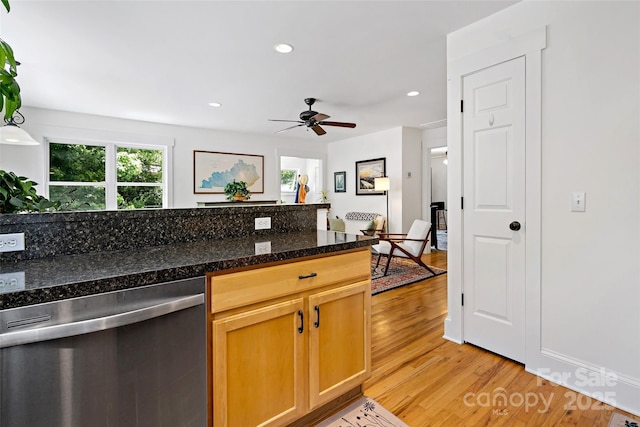 24 Browndale Rd, Asheville, NC 28805 - kitchen featuring dishwasher, a ceiling fan, light wood-style floors, recessed lighting, and dark stone countertops