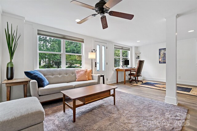 24 Browndale Rd, Asheville, NC 28805 - living area featuring wood finished floors, a ceiling fan, recessed lighting, baseboards, and an office area