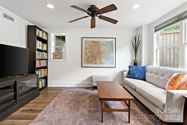 24 Browndale Rd, Asheville, NC 28805 - living area featuring healthy amount of natural light, recessed lighting, dark wood-style flooring, ceiling fan, and baseboards