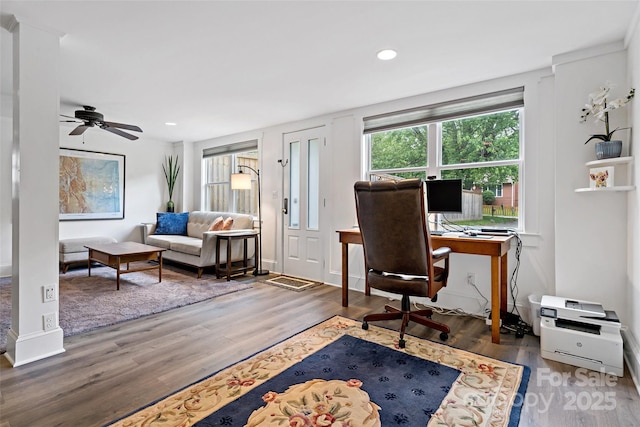 24 Browndale Rd, Asheville, NC 28805 - home office with wood finished floors, ceiling fan, recessed lighting, and baseboards