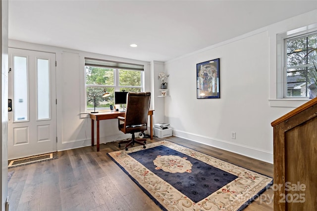 24 Browndale Rd, Asheville, NC 28805 - home office with plenty of natural light, wood finished floors, baseboards, and recessed lighting