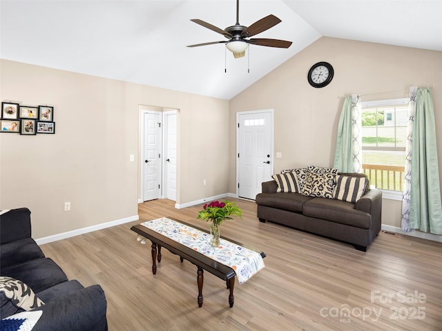 87 Markley Dr, Flat Rock, NC 28731 - living area featuring ceiling fan, light wood finished floors, baseboards, and high vaulted ceiling