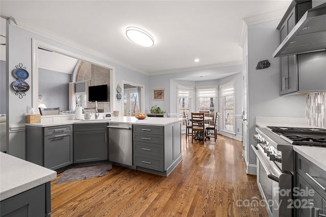 3115 Duck Point Dr, Monroe, NC 28110 - kitchen with stainless steel appliances, gray cabinets, wall chimney range hood, a peninsula, and wood finished floors