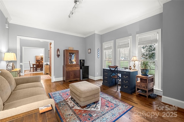 3115 Duck Point Dr, Monroe, NC 28110 - living room with dark wood-style floors, baseboards, ornamental molding, and an office area