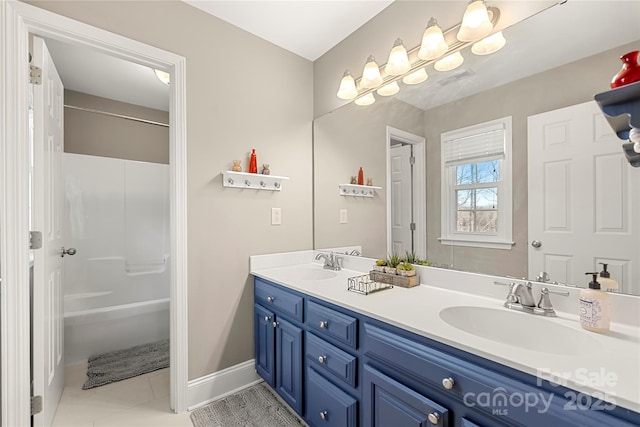 3115 Duck Point Dr, Monroe, NC 28110 - full bathroom featuring double vanity, tile patterned floors, baseboards, and a shower