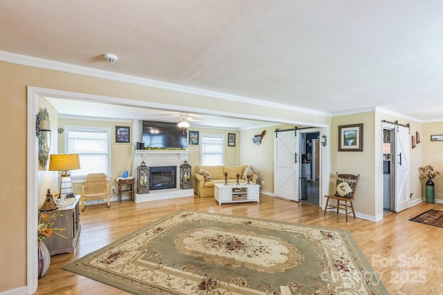 living area with a barn door, crown molding, healthy amount of natural light, light wood-style flooring, and a glass covered fireplace