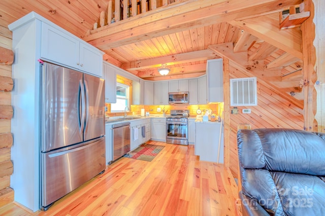 2097 Pinnacle Pkwy Unit 14, Union Mills, NC 28167 - kitchen featuring appliances with stainless steel finishes, light countertops, wood ceiling with exposed beams, light wood-style flooring, and wood walls