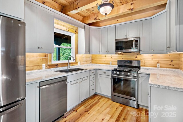 2097 Pinnacle Pkwy Unit 14, Union Mills, NC 28167 - kitchen featuring stainless steel appliances, a sink, wooden ceiling with exposed beams, light wood finished floors, and gray cabinetry
