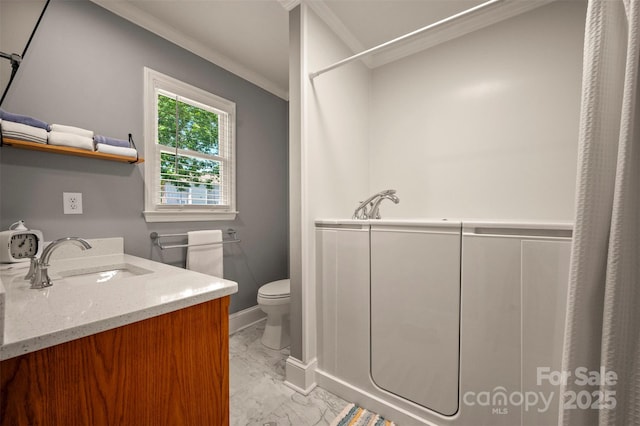 136 Coventry Ln, Forest City, NC 28043 - bathroom featuring ornamental molding, marble finish floors, toilet, vanity, and baseboards