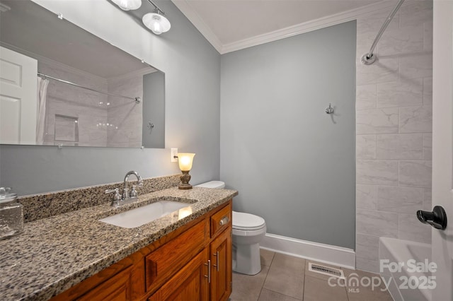 136 Coventry Ln, Forest City, NC 28043 - full bathroom with ornamental molding, vanity, toilet, shower / bath combination with curtain, and baseboards