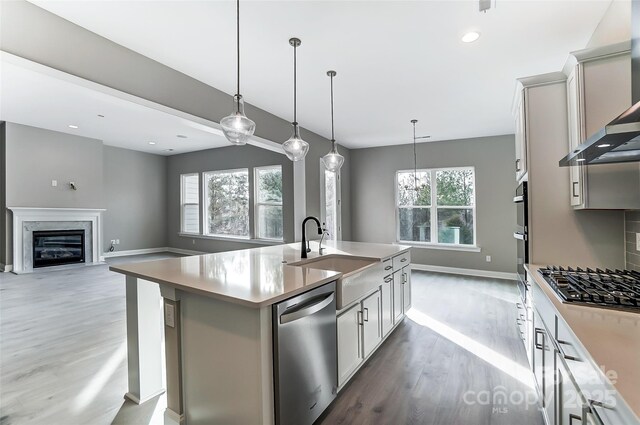 7517 Lancaster Hwy Unit 5, Waxhaw, NC 28173 - kitchen featuring stainless steel appliances, a sink, wall chimney range hood, wood finished floors, and a center island with sink