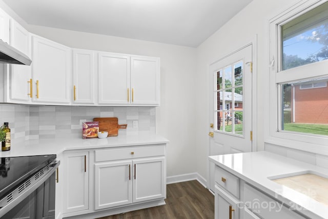 4226 Randolph Rd, Charlotte, NC 28211 - kitchen with dark wood finished floors, backsplash, light countertops, electric stove, and white cabinetry