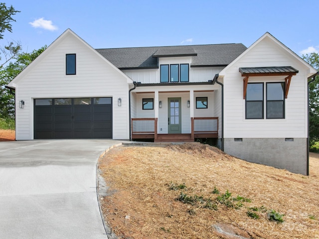 1040 Morlin Acres Dr, Marshall, NC 28753 - modern farmhouse style home featuring crawl space, a porch, driveway, and a shingled roof