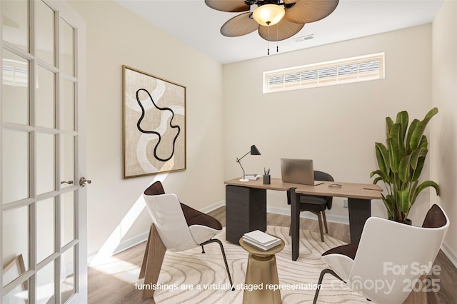 10502 Old Ardrey Kell Rd, Charlotte, NC 28277 - office with a ceiling fan, light wood-style floors, and baseboards