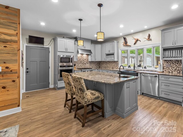 4290 Black Bear Trl, Morganton, NC 28655 - kitchen with appliances with stainless steel finishes, gray cabinetry, under cabinet range hood, backsplash, and recessed lighting