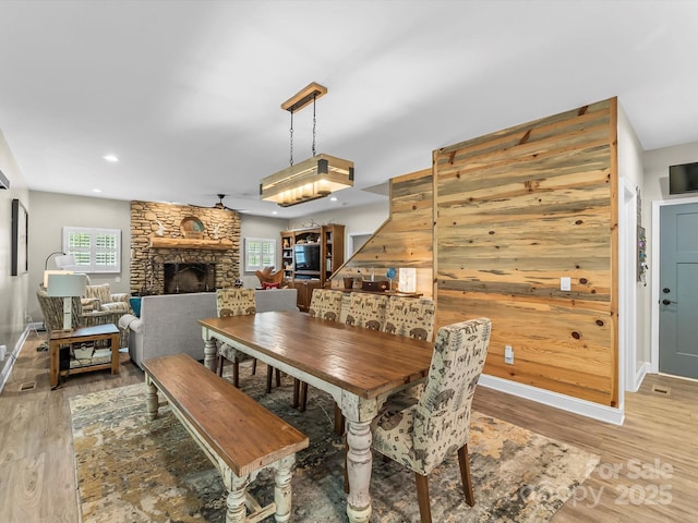 4290 Black Bear Trl, Morganton, NC 28655 - dining space featuring light wood finished floors, a fireplace, baseboards, and recessed lighting