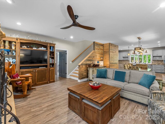 4290 Black Bear Trl, Morganton, NC 28655 - living room with light wood-style flooring, a ceiling fan, stairs, and recessed lighting