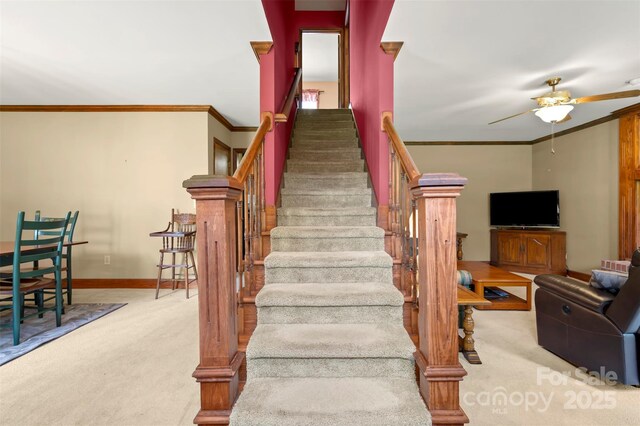 312 Briarwood Dr, Rutherfordton, NC 28139 - staircase featuring carpet, ceiling fan, crown molding, and baseboards