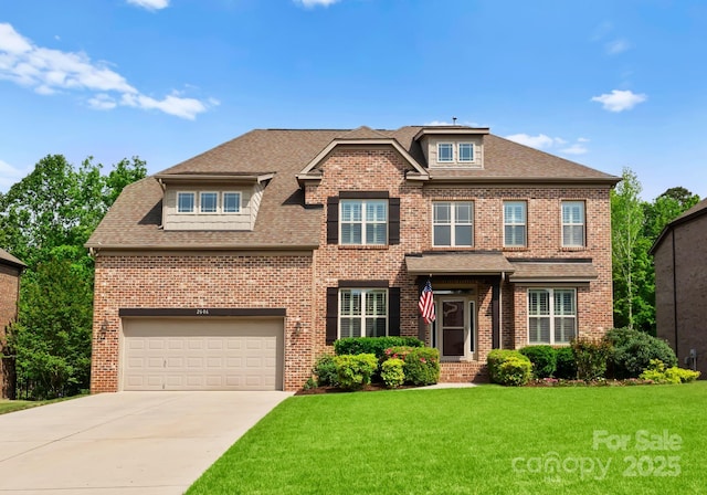 2606 Walker Rd, Matthews, NC 28105 - view of front facade with brick siding, a front lawn, and concrete driveway