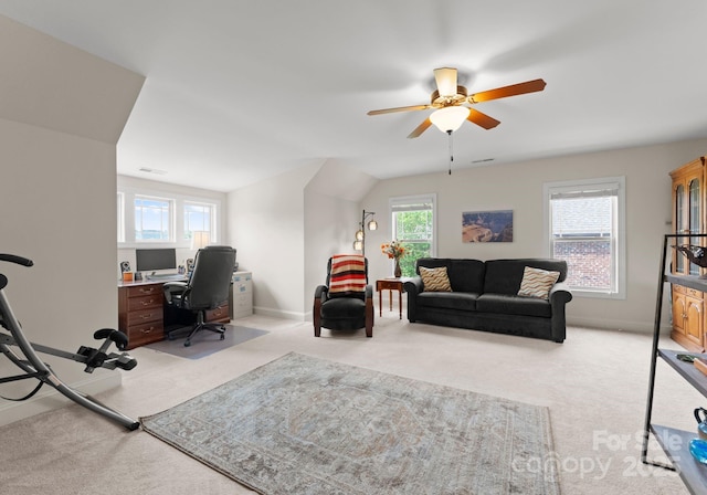 2606 Walker Rd, Matthews, NC 28105 - office featuring light carpet, ceiling fan, and baseboards