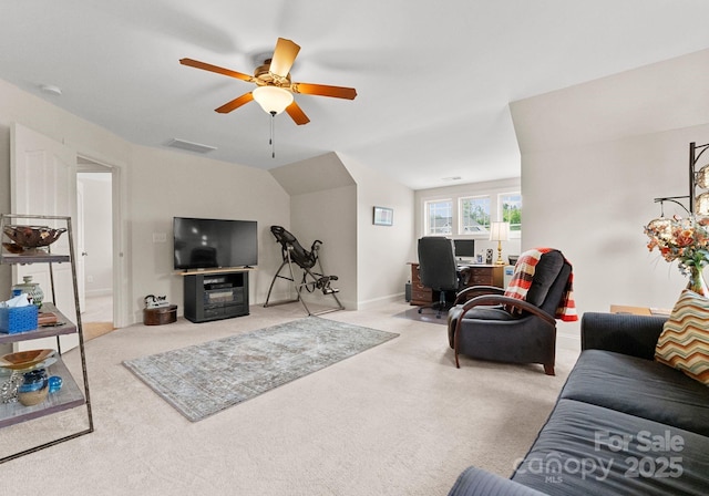 2606 Walker Rd, Matthews, NC 28105 - living area featuring ceiling fan, carpet floors, a desk, and baseboards
