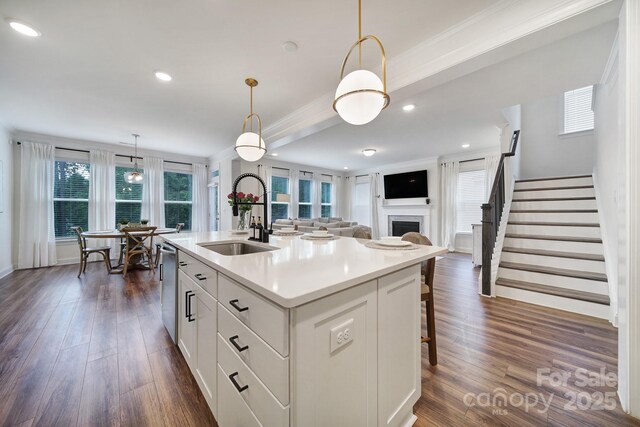 13222 Fiore Pl, Huntersville, NC 28078 - kitchen with a sink, dark wood-style flooring, a fireplace, white cabinets, and hanging light fixtures