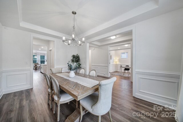 13222 Fiore Pl, Huntersville, NC 28078 - dining area featuring a raised ceiling, a chandelier, a decorative wall, dark wood-style floors, and a wainscoted wall