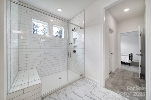 13222 Fiore Pl, Huntersville, NC 28078 - full bathroom featuring a stall shower, connected bathroom, marble finish floors, baseboards, and recessed lighting