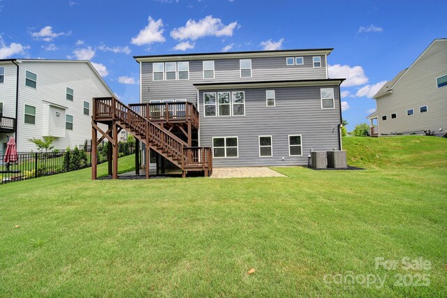 13222 Fiore Pl, Huntersville, NC 28078 - back of house featuring stairway, a wooden deck, a patio, and central air condition unit