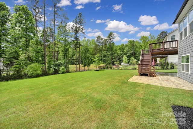 13222 Fiore Pl, Huntersville, NC 28078 - view of green lawn featuring a patio, stairway, and a wooden deck