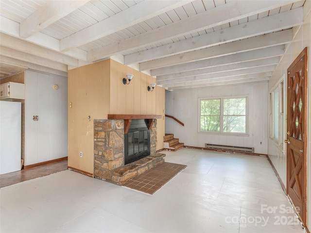 318 Sandsridge Way, Waynesville, NC 28785 - unfurnished living room featuring beam ceiling, a stone fireplace, stairway, a baseboard radiator, and wooden walls