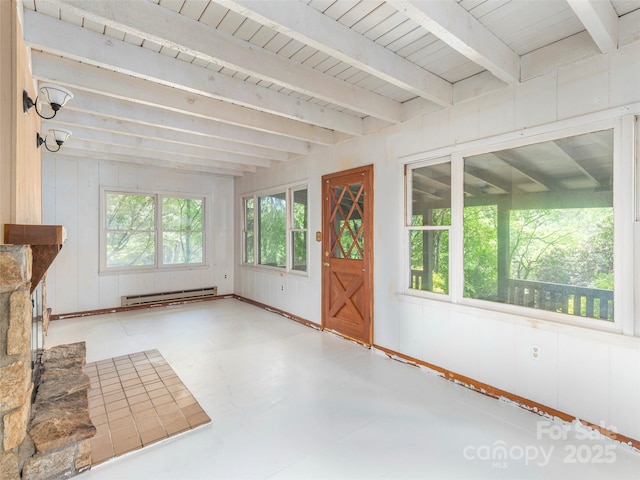 318 Sandsridge Way, Waynesville, NC 28785 - unfurnished living room with baseboard heating, beam ceiling, and concrete floors
