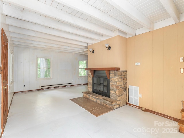 318 Sandsridge Way, Waynesville, NC 28785 - unfurnished living room featuring a baseboard radiator, a stone fireplace, beam ceiling, and wood walls
