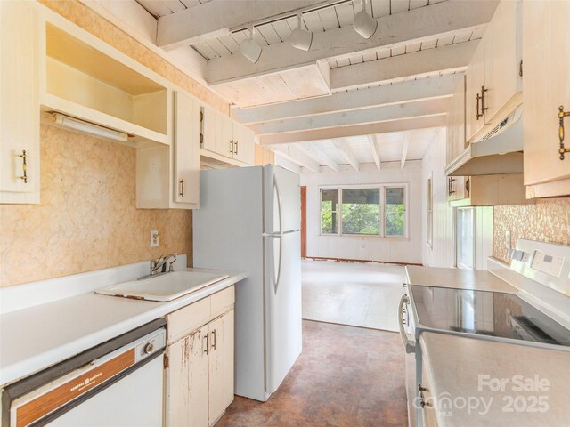 318 Sandsridge Way, Waynesville, NC 28785 - kitchen with under cabinet range hood, white appliances, a sink, beam ceiling, and light countertops