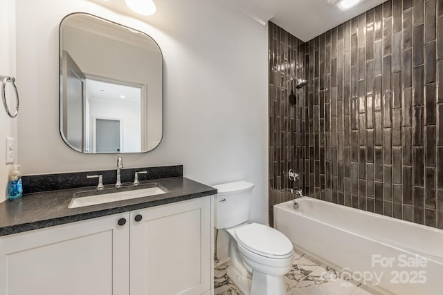 full bathroom featuring toilet, vanity, tub / shower combination, and marble look tiles