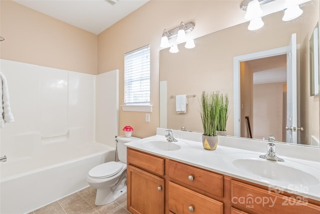14104 Kendrick Cross Rd, Charlotte, NC 28273 - bathroom featuring double vanity, toilet,  shower combination, and tile patterned floors