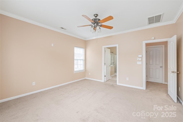 14104 Kendrick Cross Rd, Charlotte, NC 28273 - unfurnished bedroom featuring ornamental molding, baseboards, light carpet, connected bathroom, and a ceiling fan