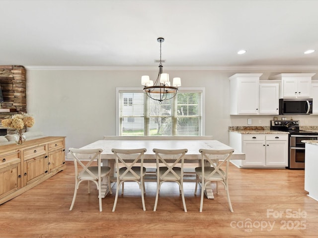 3801 Creek Ridge Dr, Denver, NC 28037 - dining area with light wood-type flooring, a chandelier, ornamental molding, breakfast area, and recessed lighting